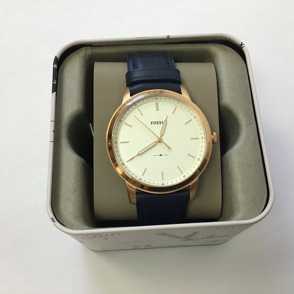 Men’s Fossil Minimalist Navy Leather & Gold NWT